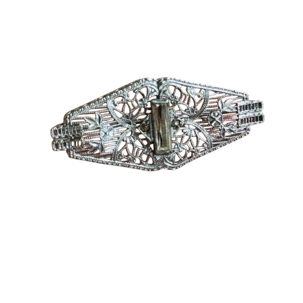 VTG Art Deco Silver Filigree Baguette Rhinestone Bar pin Brooch Paste Metal